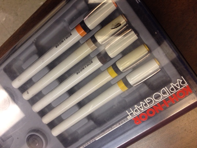 These special pens known as Rapidiographs, were for creating specific line-widths by hand.